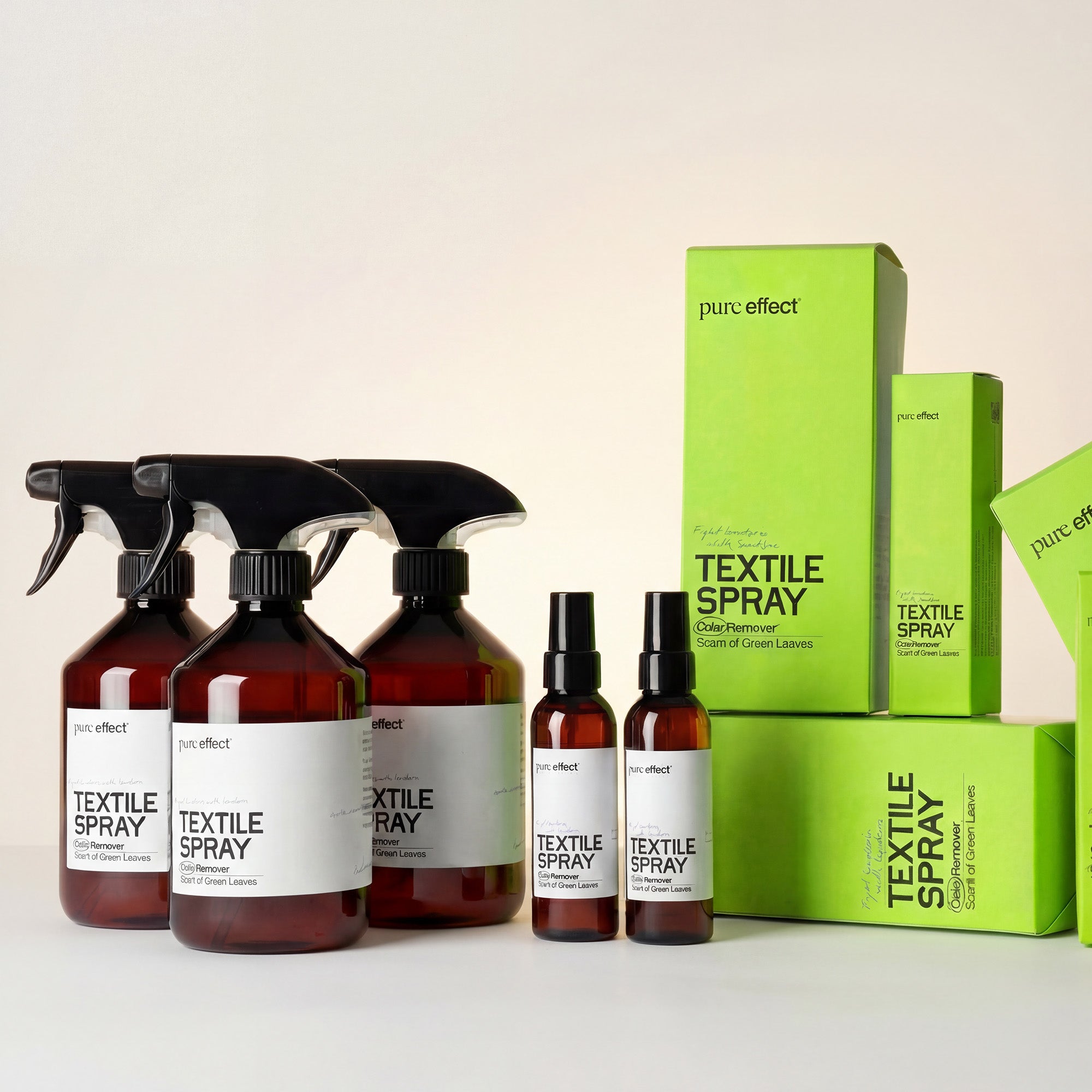 Pure Effect probiotisk tekstilspray Green Leaves 500ml og 75ml med emballage